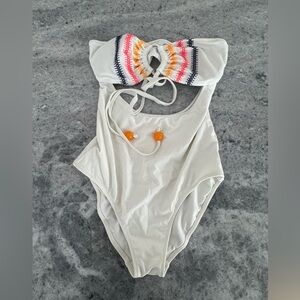 aerie Ivory One-Piece Swimsuit with Pink Embroidered Accent (Size Small)